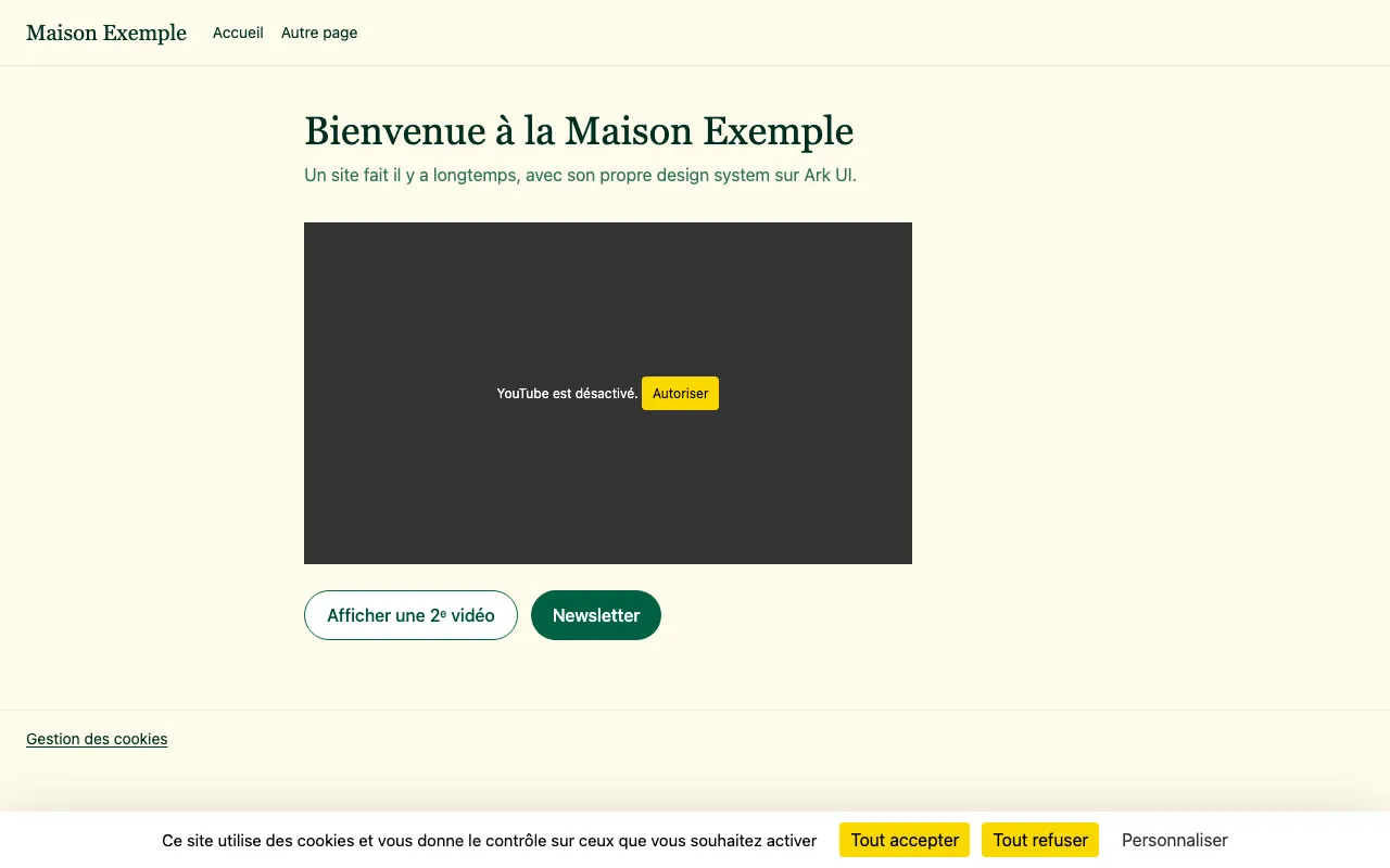 The site with tarteaucitron, whose banner has yellow buttons and a typeface foreign to the site
