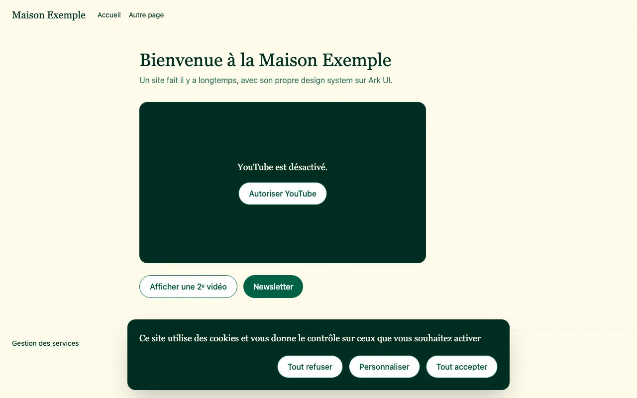 The site after moving to zeste, with its own banner and a video placeholder in its colors